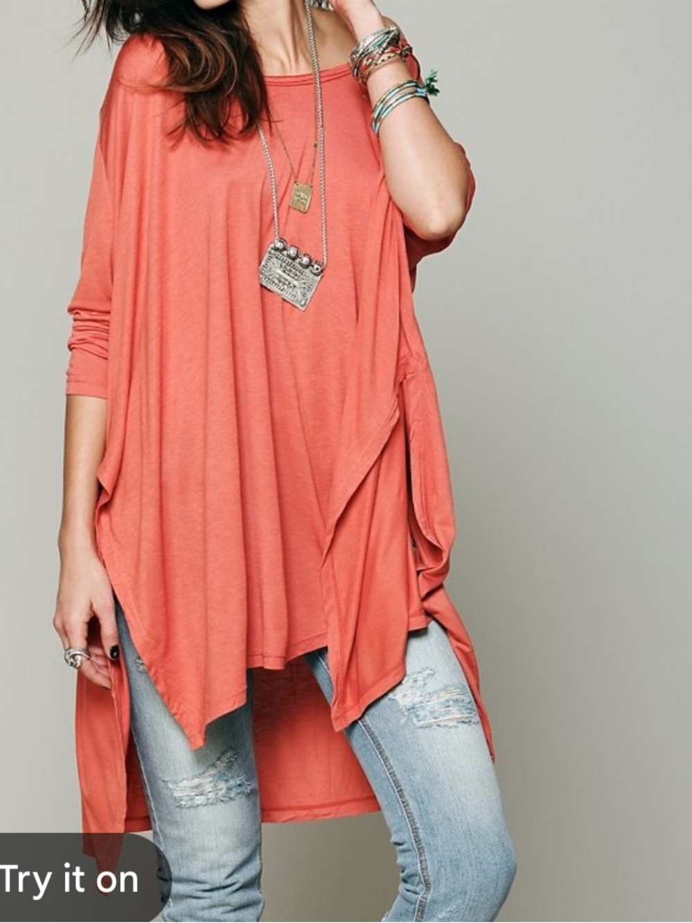 Free People Red* Big Dipper Tee Oversized Slouchy Long Sleeve Tunic Mini Slits